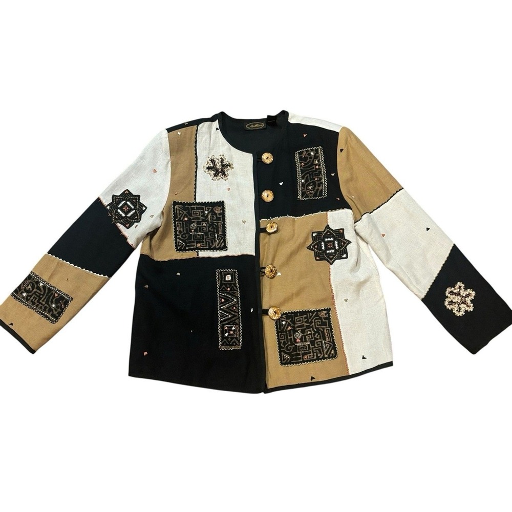 Vintage Allure Women's Black Tan White Patchwork Tapestry Boho Jacket Sz Medium
